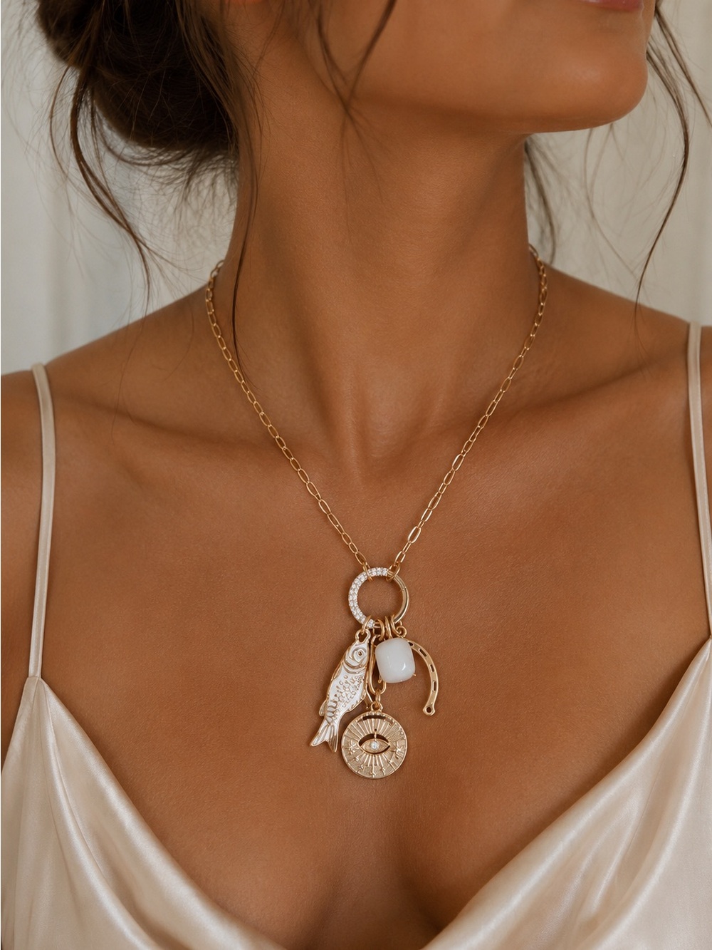 Anthropologie Gold Charm Necklace Fish Evil Eye White Stone NWT